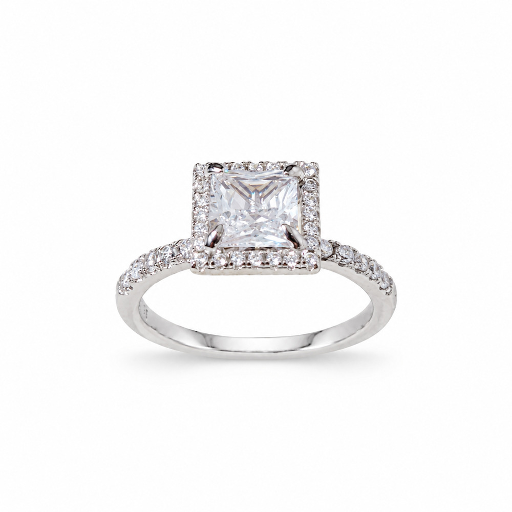 Princess-Cut Halo Cubic Zirconia Ring 925 Sterling Silver Size 7